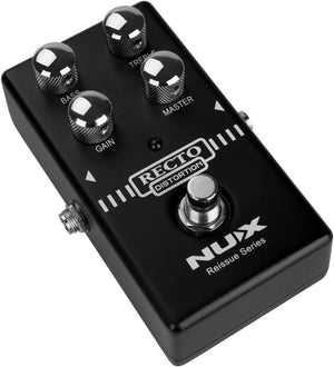 NUX Recto Distortion Guitar Effect Pedal offers heavy distortion with tight bass, high gain, and true-bypass switching, featuring silver knobs on a black pedal.