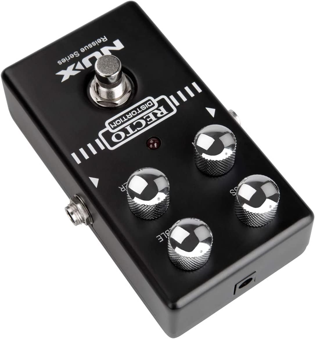 NUX Recto Distortion Guitar Effect Pedal with knobs, offering high gain, tight bass, and analog circuit for 90&#39;s American pre-amp tone.