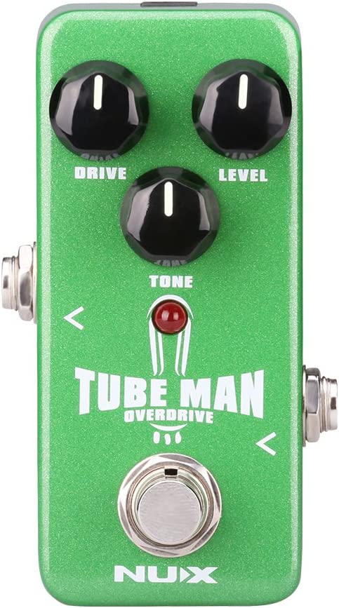 Nux Tube Man OverDrive pedal featuring black knobs and white text, designed for authentic tube amp sound with FET Transistor system for enhanced overdrive and distortion.