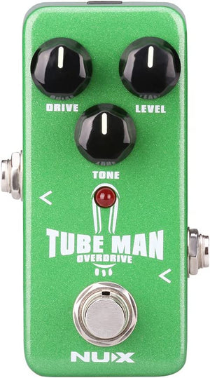 Nux Tube Man OverDrive pedal featuring black knobs and white text, designed for authentic tube amp sound with FET Transistor system for enhanced overdrive and distortion.