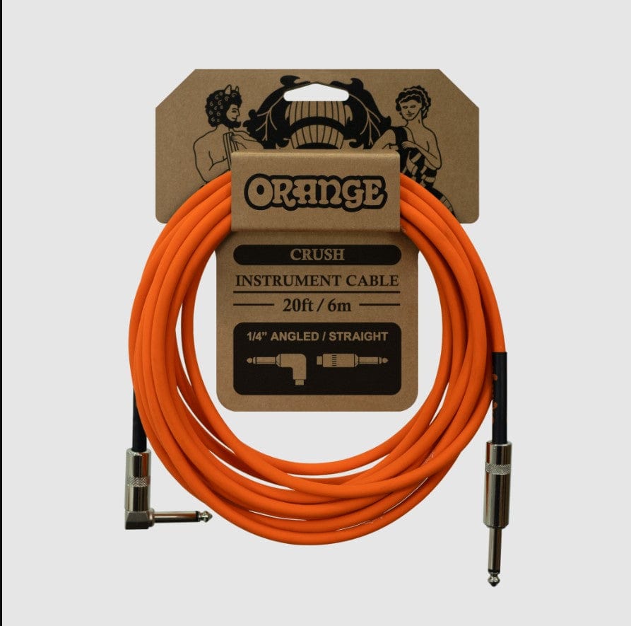 Close-up of the Orange CA037 Crush Straight to Right Angle Instrument Cable in a brown box with a logo.