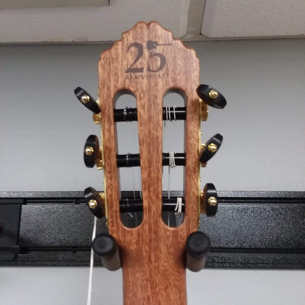 Close-up of Ortega Nylon String Guitar R189SN-25TH showcasing its detailed craftsmanship and wood texture, part of the 25th Anniversary series, includes gig bag.