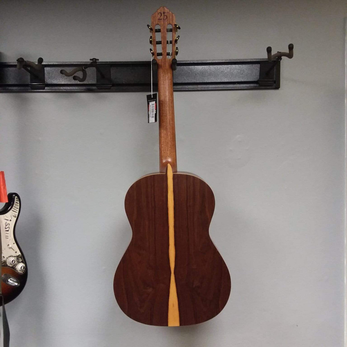 Ortega Nylon String Guitar R189SN-25TH on wall, showcasing solid cedar top and slim neck, includes 25th Anniversary gig bag.