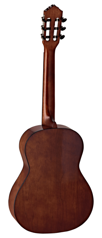 Ortega Student Series 3/4 Size Acoustic Guitar, close-up showcasing spruce top, mahogany neck, and 18 frets, ideal for beginners.