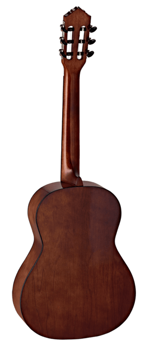 Ortega Student Series 3/4 Size Acoustic Guitar, close-up showcasing spruce top, mahogany neck, and 18 frets, ideal for beginners.