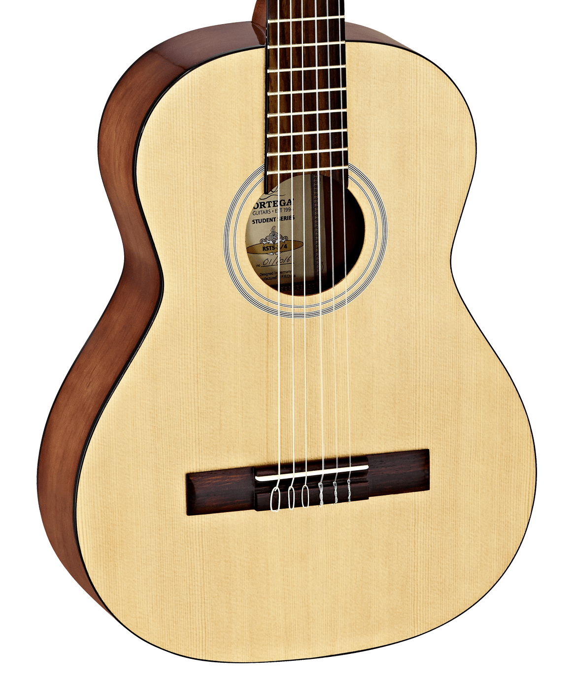 Ortega Student Series 3/4 Size Acoustic Guitar close-up, showcasing strings and fretboard. Ideal beginner instrument with spruce top and mahogany neck.