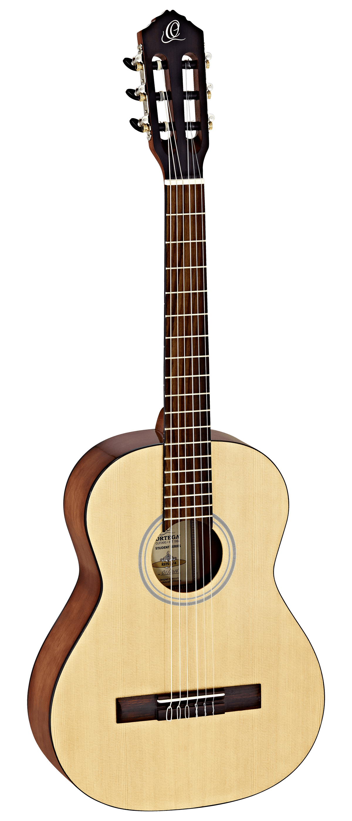 Ortega Student Series 3/4 Size Acoustic Guitar, close-up of spruce top, mahogany neck, and 18 frets, ideal for beginner students.