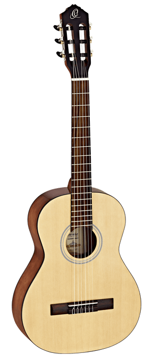 Ortega Student Series 3/4 Size Acoustic Guitar, close-up of spruce top, mahogany neck, and 18 frets, ideal for beginner students.