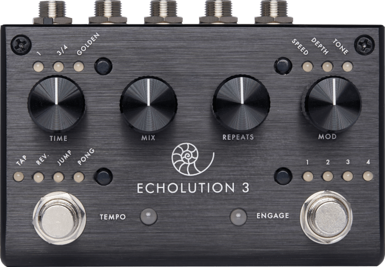 Pigtronix Echolution 3 Stereo Delay Pedal featuring knobs, dials, and footswitches for advanced sound design and modulation control.