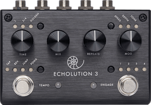 Pigtronix Echolution 3 Stereo Delay Pedal featuring knobs, dials, and footswitches for advanced sound design and modulation control.