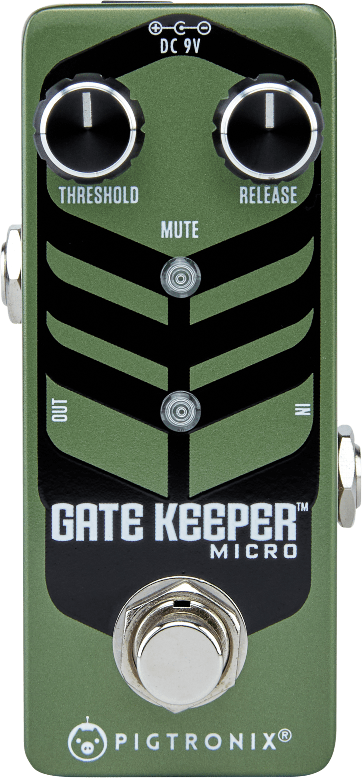 Close-up of the Pigtronix Gatekeeper Micro Noise Gate Pedal, highlighting the Threshold and Release knobs for precise noise control.