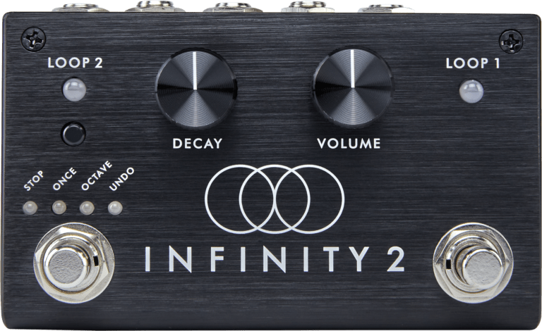 Pigtronix Infinity 2 Looper Pedal, a black box with knobs and dials for volume, decay, stop, and effects control, ideal for recording and performing sequential loops.