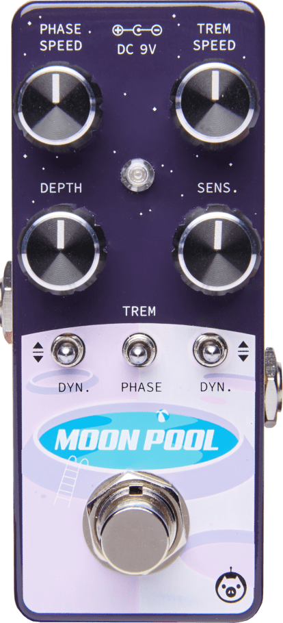 Close-up of the Pigtronix Moon Pool Tremvelope Phaser, showing its dials and controls for phase speed, trem speed, depth, and sensitivity adjustments.