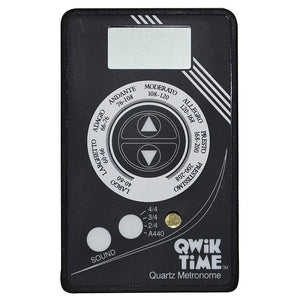 Qwik Time QT-5 Quartz Metronome, a compact black device with a fold-out stand, featuring white text, circles, and numbers for easy beat keeping.