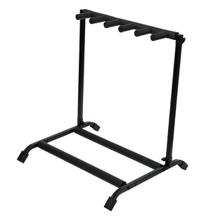 Rok-it 5x Collapsible Guitar Rack, black metal stand with six pegs, holds up to five guitars, foam padding, heavy-duty steel, folding design.