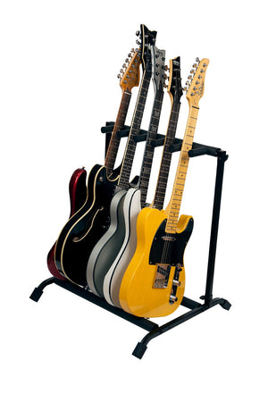 Rok-it 5x Collapsible Guitar Rack holding multiple guitars, featuring foam padding, black powder-coated finish, and heavy-duty steel construction.