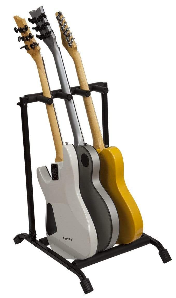 Rok-It 3x Collapsible Guitar Rack holding multiple guitars, featuring foam-padded support and heavy-duty steel construction for up to three electric or acoustic guitars.