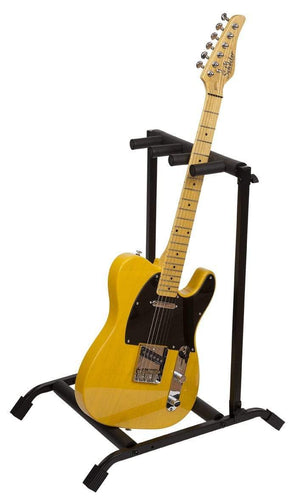 Yellow electric guitar on a stand, part of the Rok-It 3x Collapsible Guitar Rack designed to hold and protect up to three guitars.