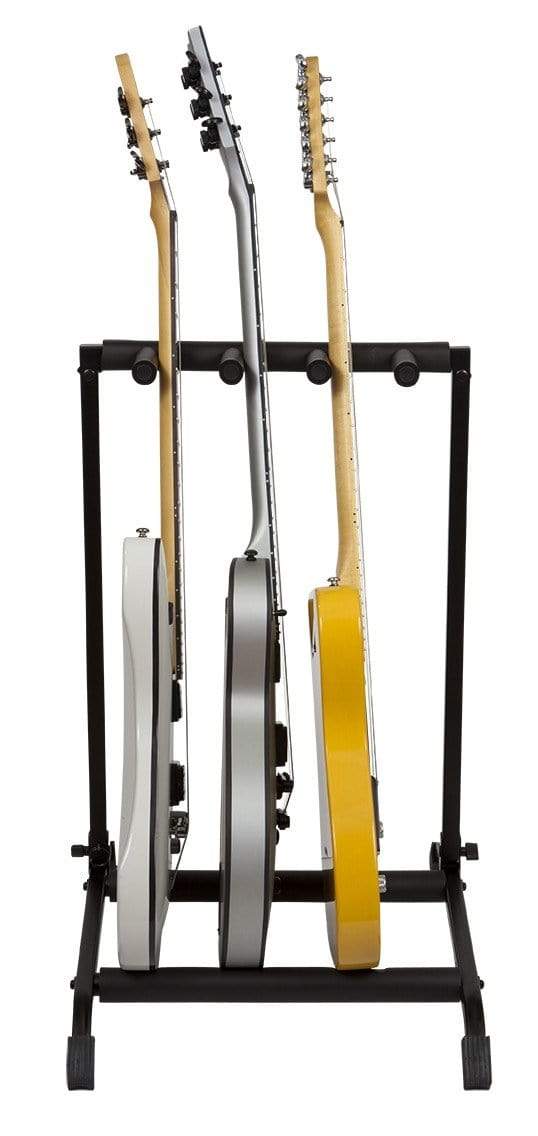 Rok-It 3x Collapsible Guitar Rack holding three guitars, featuring foam padded support and heavy-duty steel construction.