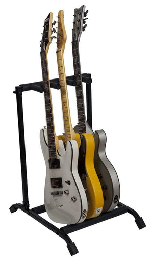 Rok-It 3x Collapsible Guitar Rack holding three guitars, showcasing foam padding and heavy-duty steel construction for secure storage of electric or acoustic guitars.