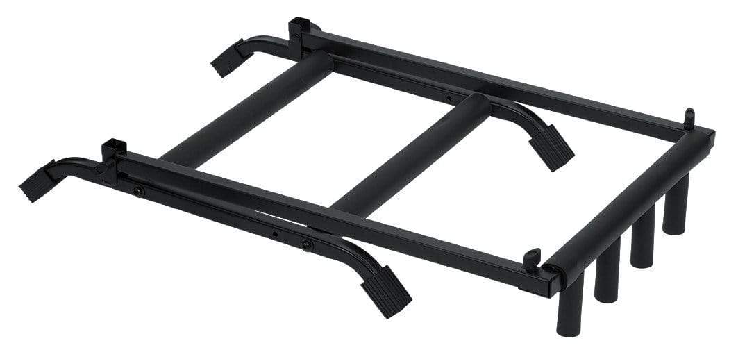 Rok-It 3x Collapsible Guitar Rack with black metal frame and handles, designed to hold three guitars, featuring foam-padded support and heavy-duty steel construction.