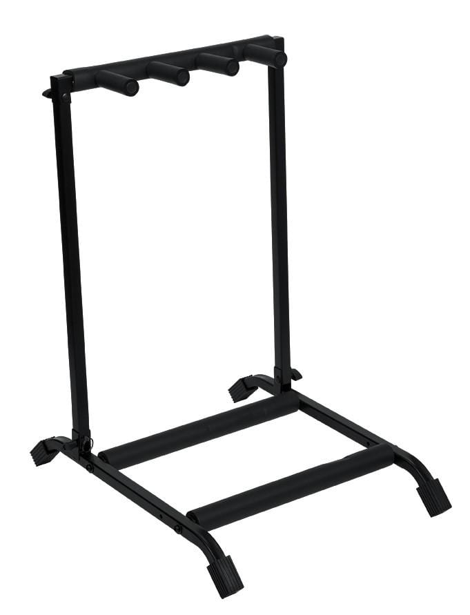 Rok-It 3x Collapsible Guitar Rack: black metal stand with three foam-padded poles, designed to safely hold and protect up to three electric or acoustic guitars.