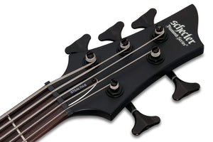 Schecter Stiletto Stealth-5 Satin Black, close-up of the fretboard, tuners, and body showcasing craftsmanship and design details.