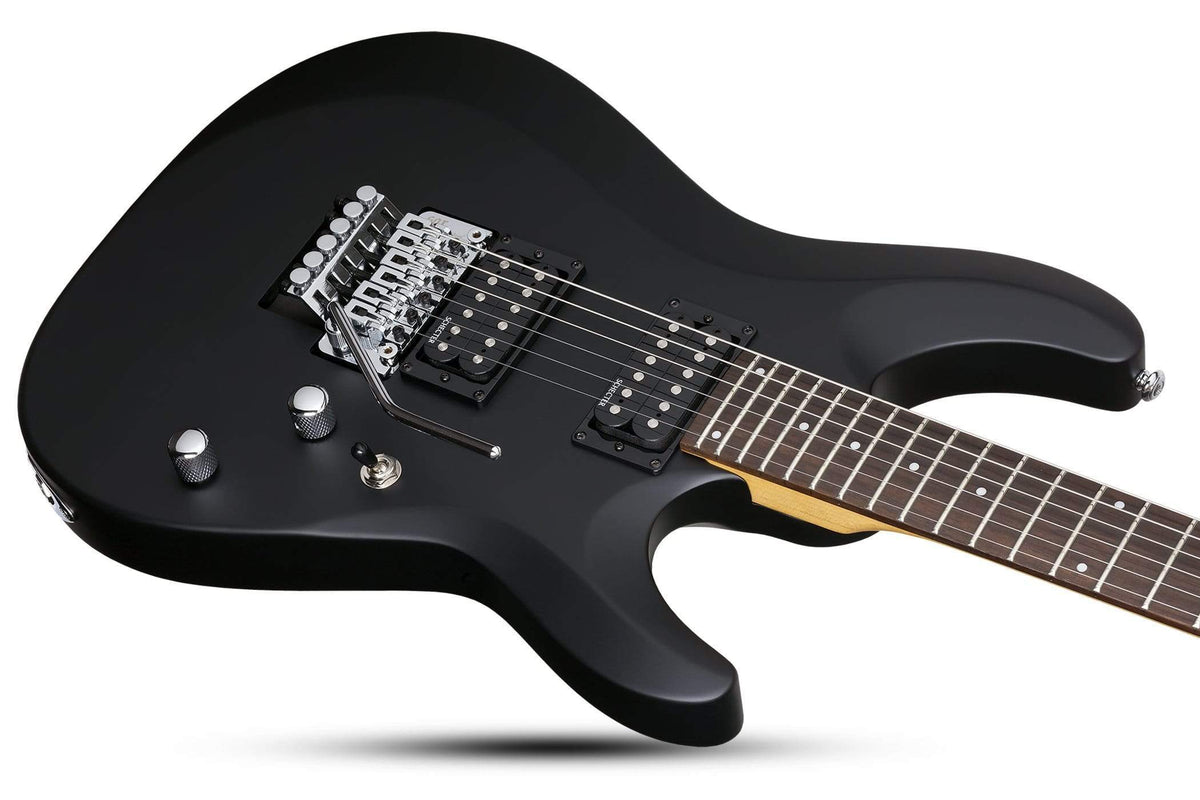 Schecter C-6 FR Deluxe SBK electric guitar, designed for heavy metal, featuring a basswood body, maple neck, rosewood fingerboard, and Floyd Rose tremolo.