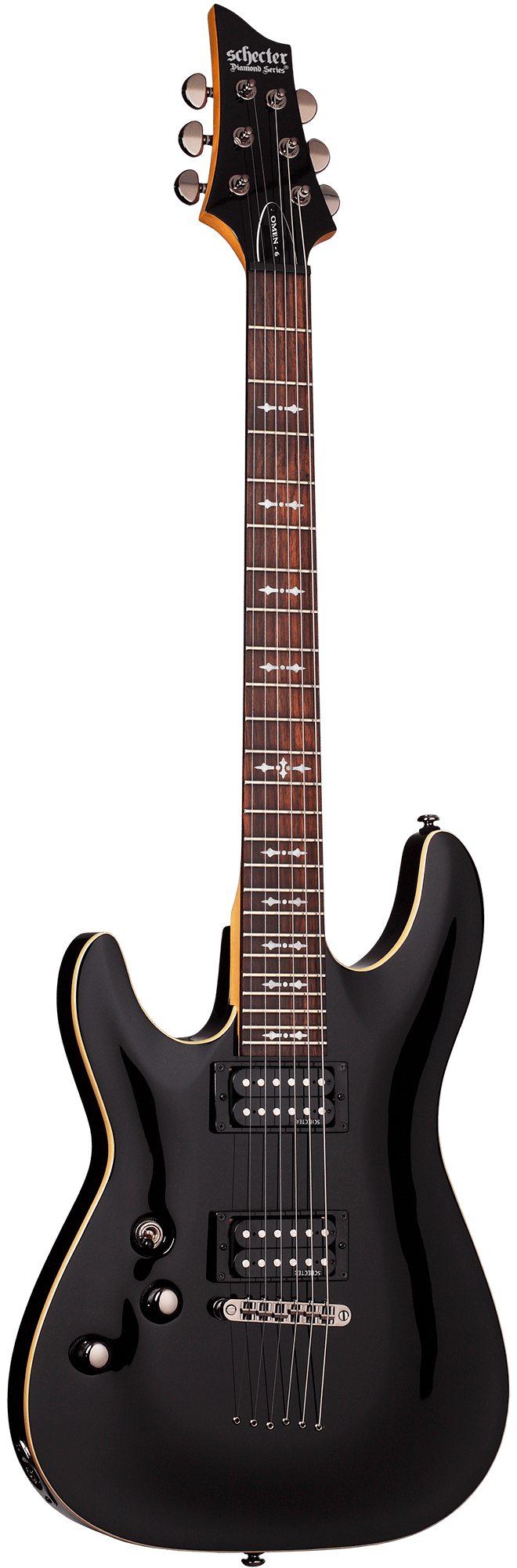 Schecter Omen Black Left Hand electric guitar with white strings and gold trim, featuring a rosewood fretboard and 24 frets.