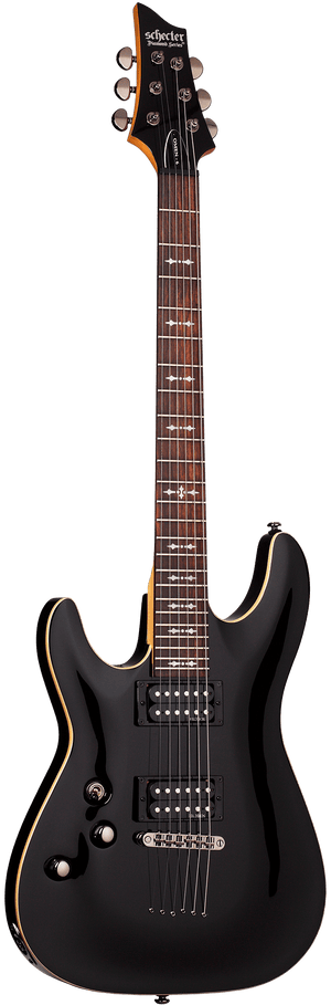 Schecter Omen Black Left Hand electric guitar with white strings and gold trim, featuring a rosewood fretboard and 24 frets.