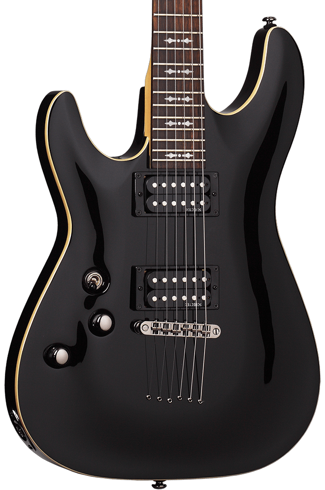 Schecter Omen-6 LH black electric guitar with gold trim, close-up of strings and body, featuring a rosewood fretboard and black chrome hardware.