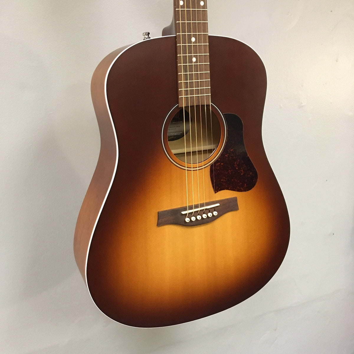 Seagull Entourage Autumn Burst Acoustic Guitar with upgraded pickguard and shaded finish, displayed on a wall.